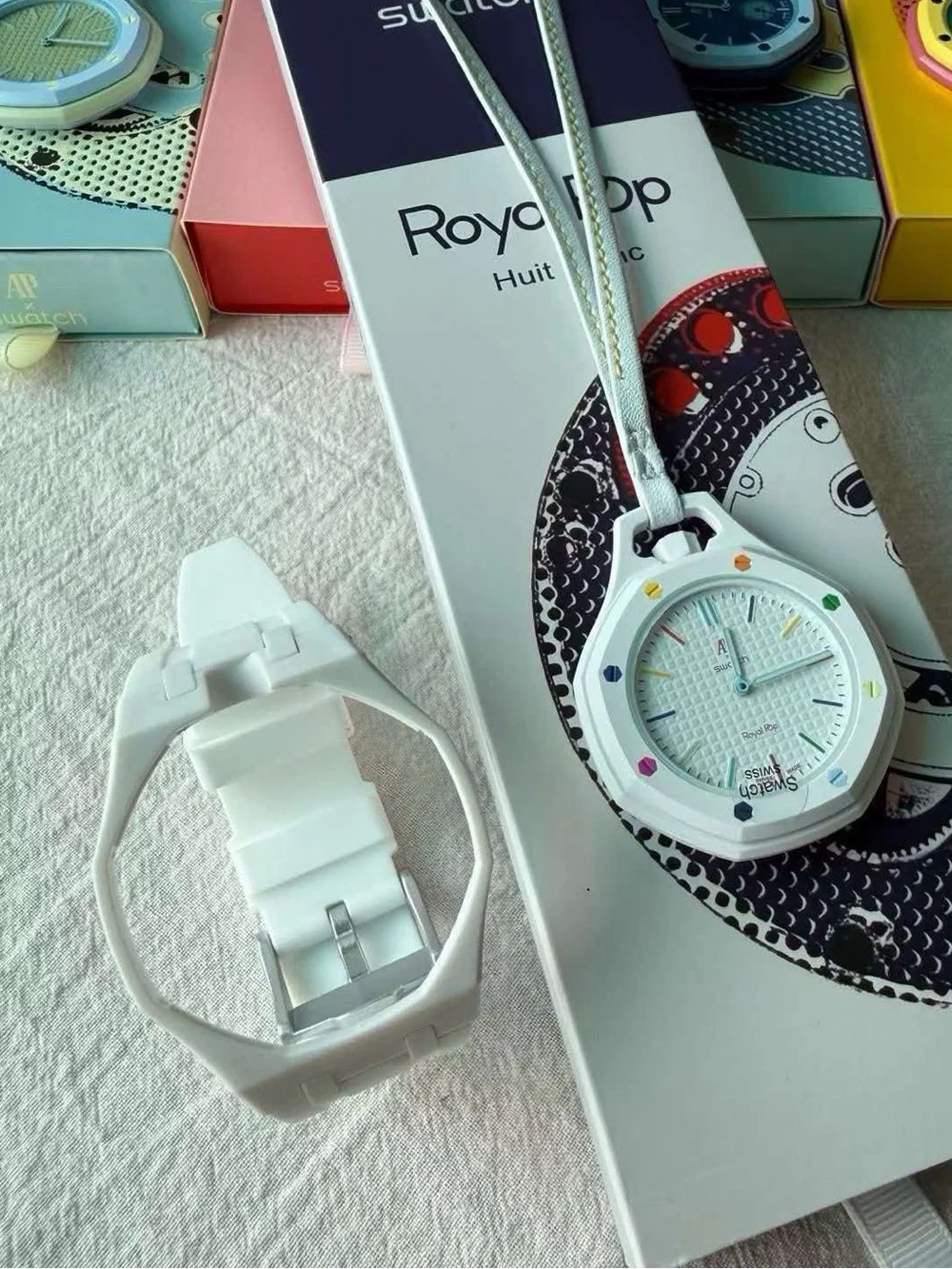 AP x Swatch White Pendant Watch Necklace with Rainbow Hour Marker